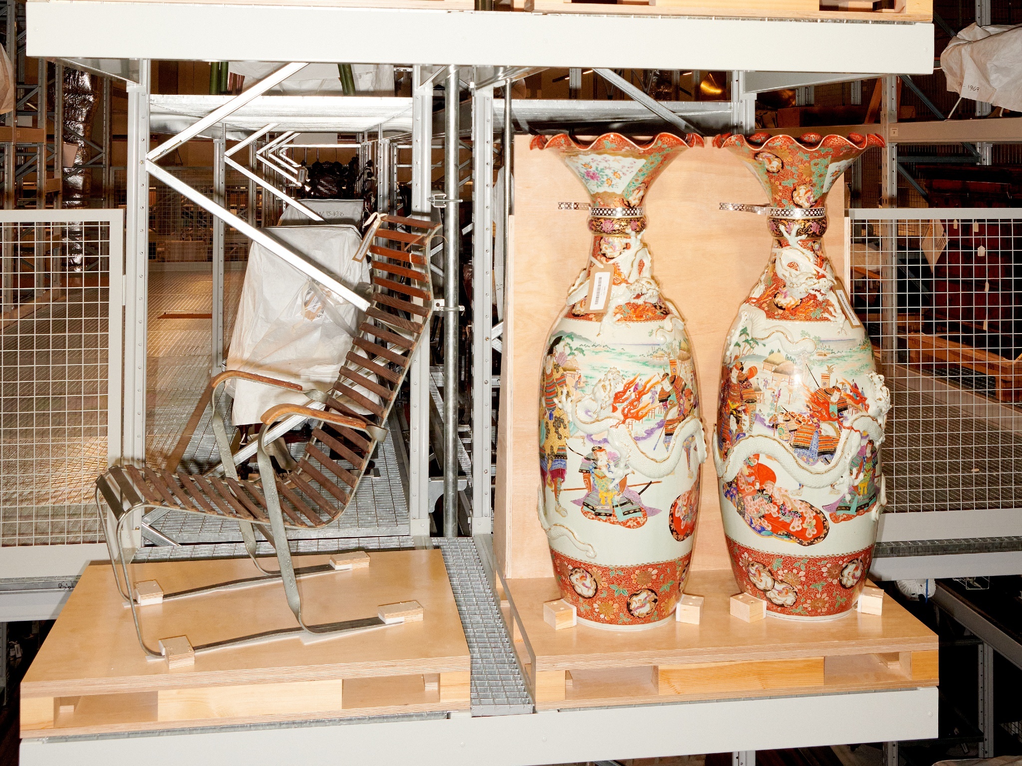 A mini storage display during install at V&A East Storehouse