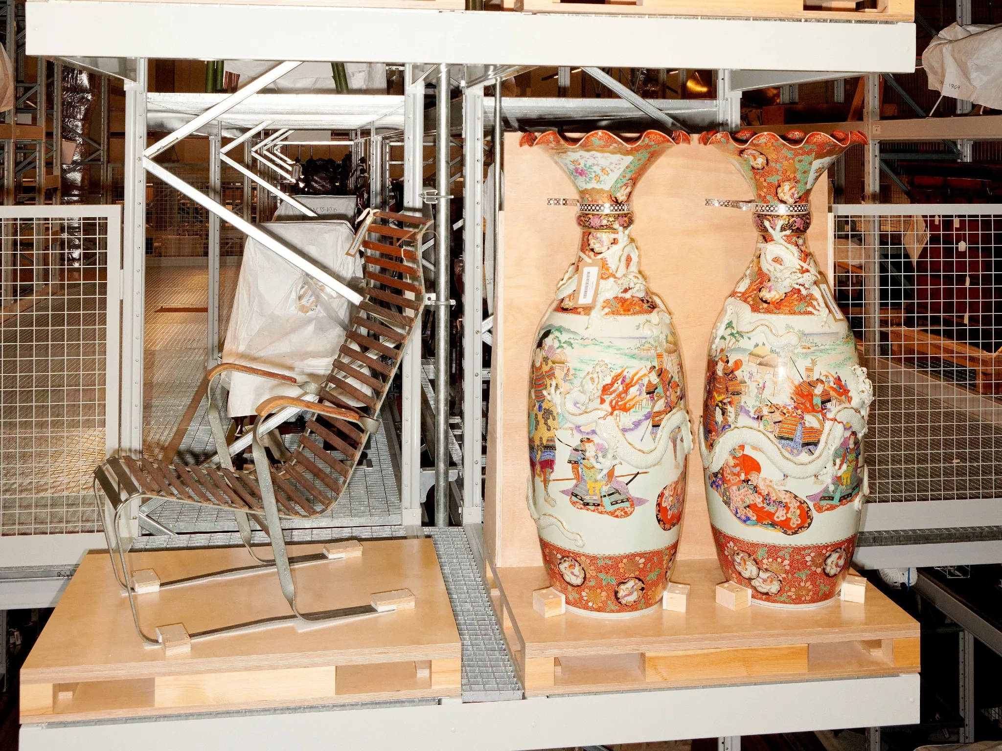 A mini storage display during install at V&A East Storehouse