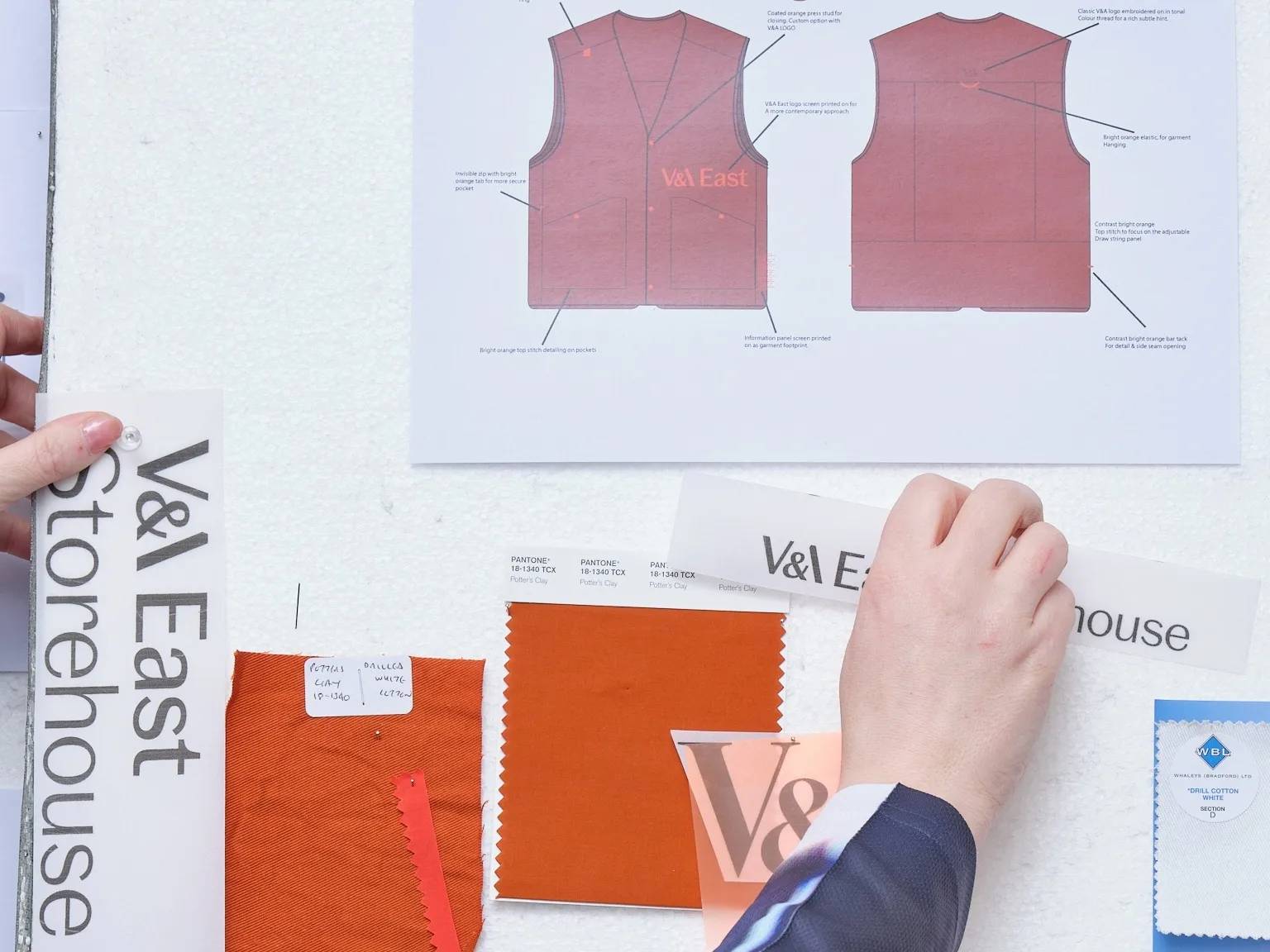 Mock-up designs by Robyn Lynch for V&A East’s staff uniforms, taken in her studio in Hackney Wick