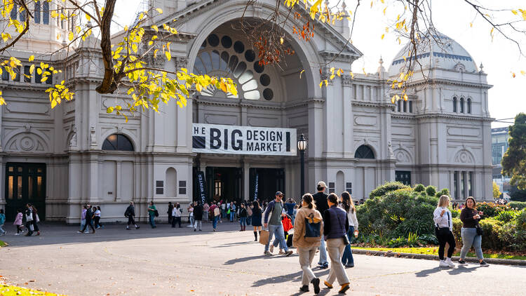 People walking into the Big Design Market at the Royal Exhibition Building.
