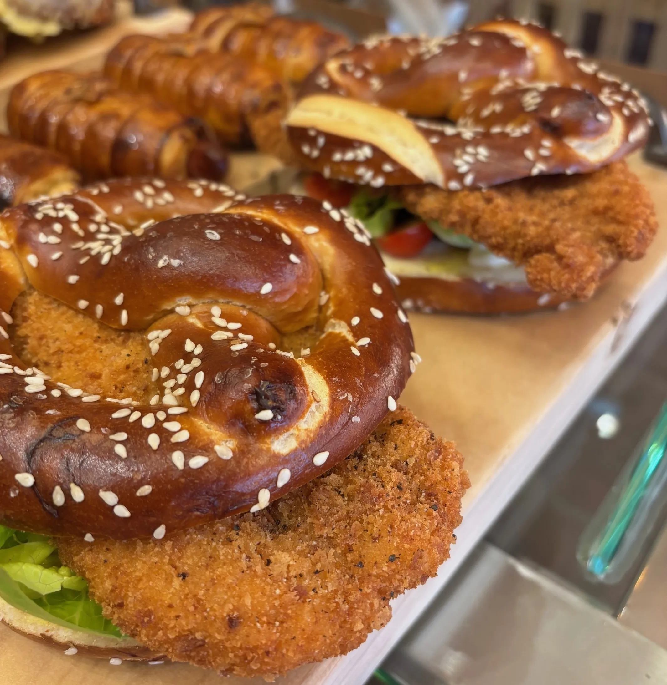 Schnitzel and pretzel sandwich