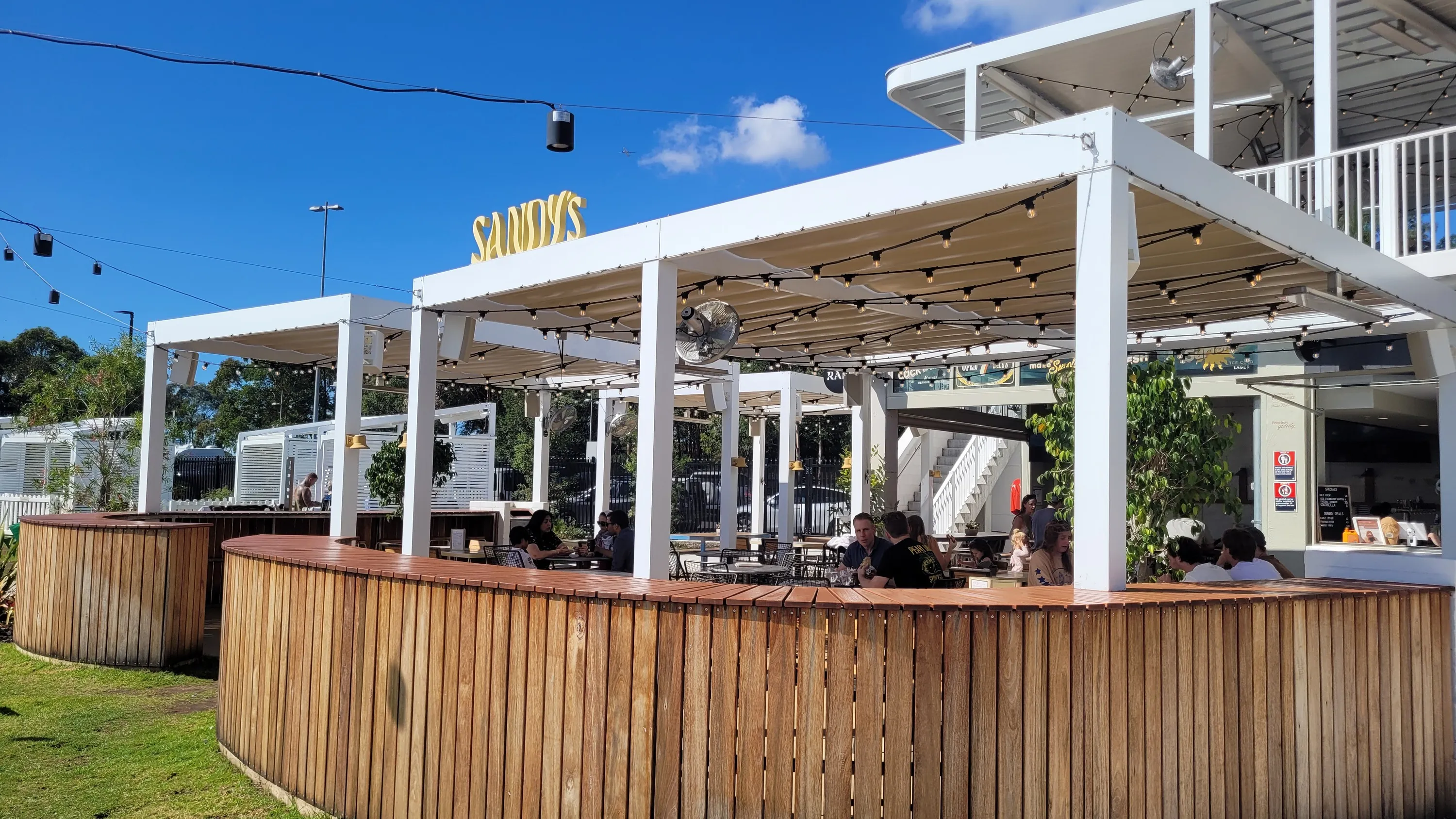A cafe with a sign that says SANDY'S