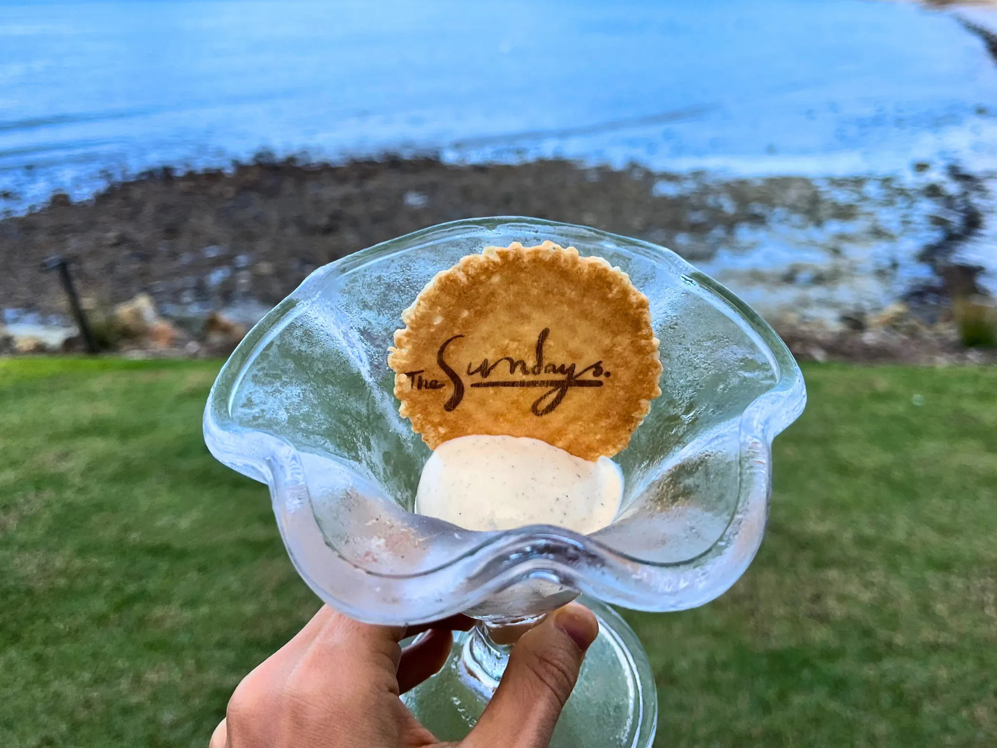 Scoop of vanilla ice cream with wafer