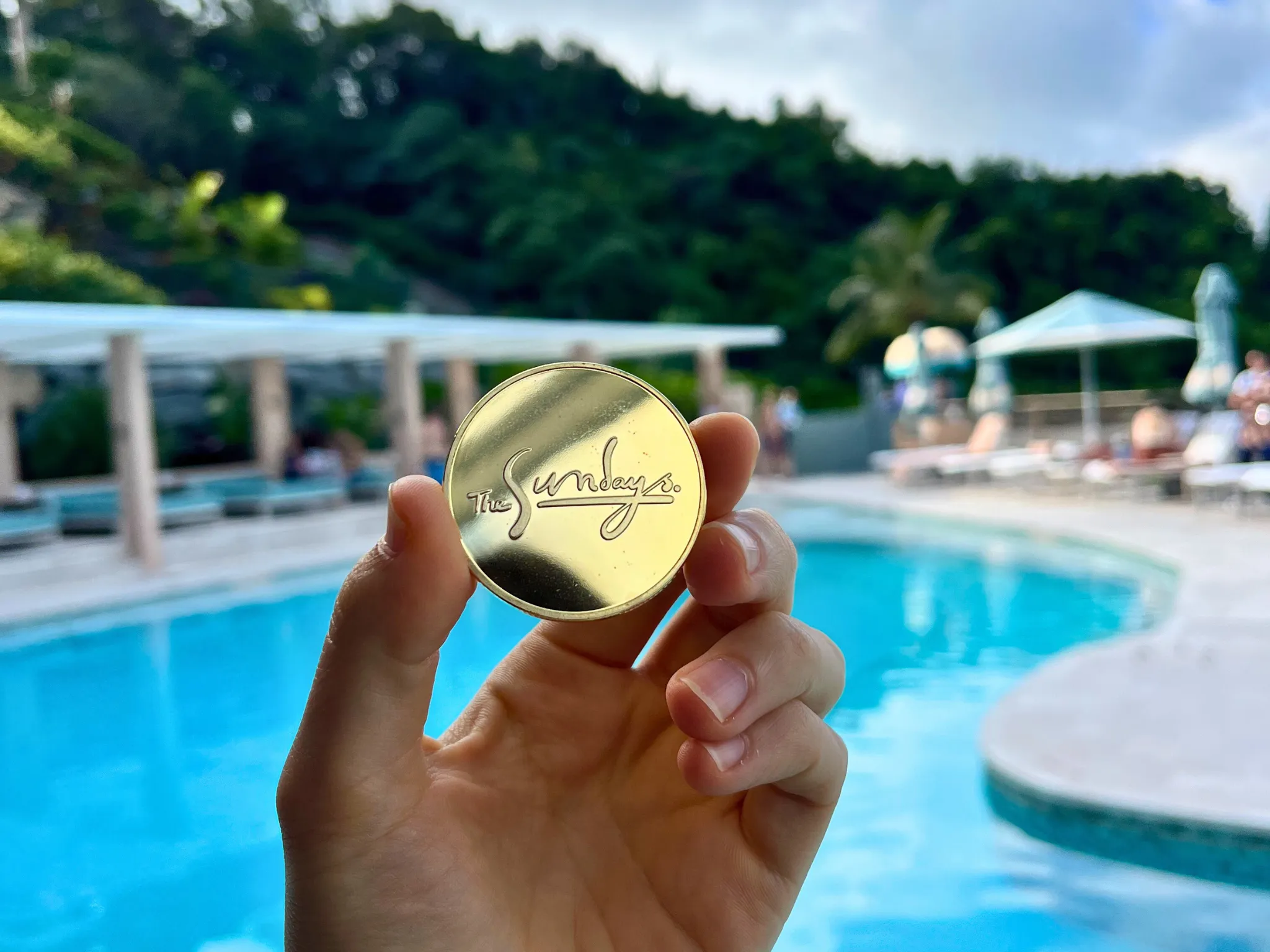 Gold coin held up in front of pool
