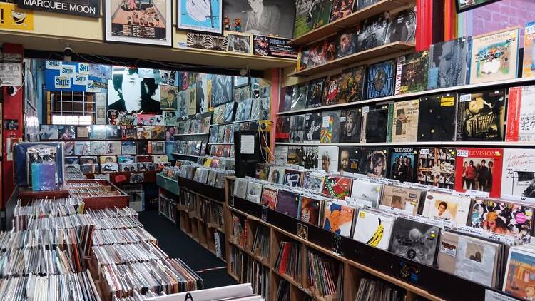 The interior of a record store. 