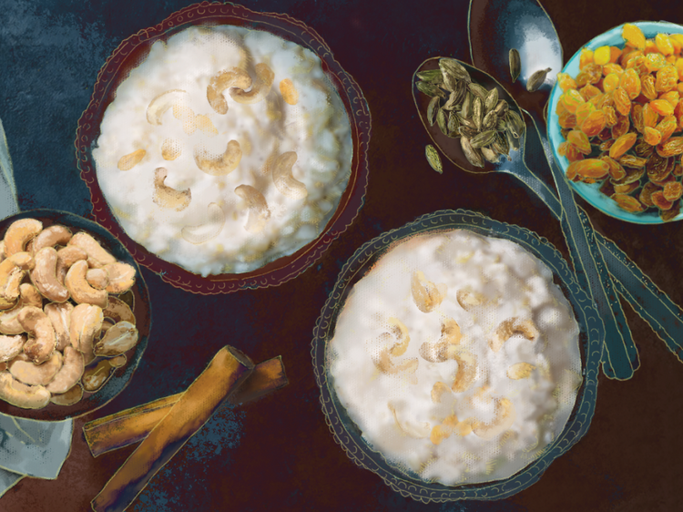 Eating milk rice pudding