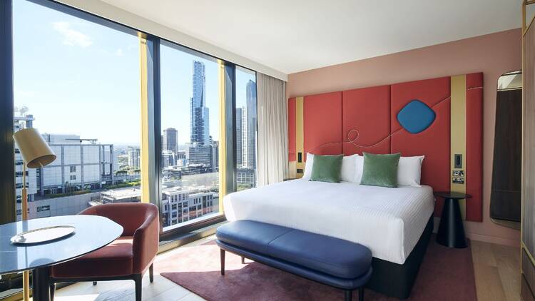 A hotel bed with a view