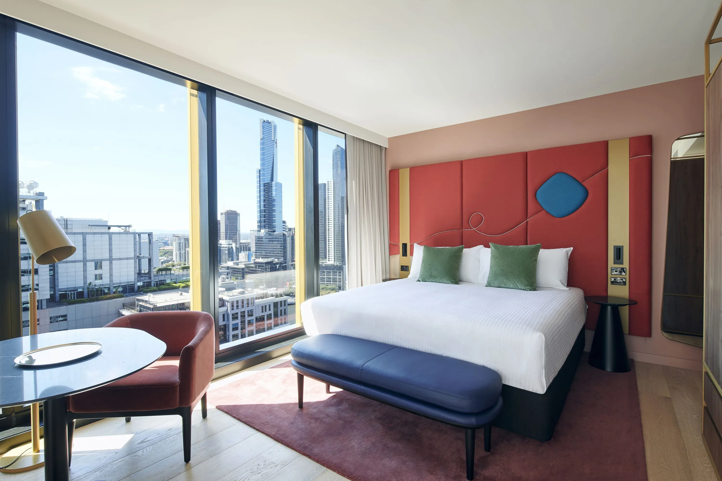 A hotel bed with a view