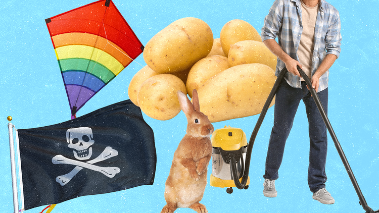 Collage of images including potatoes, rabbit, kite and pirate flag