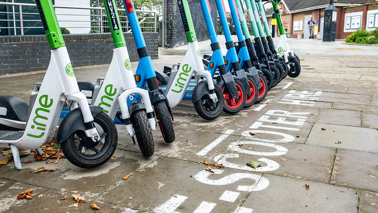 E-scooters in a parking bay in London