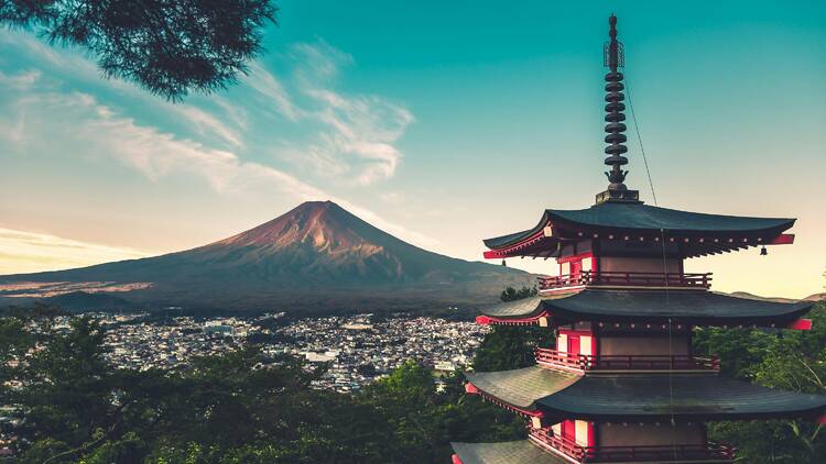 Mountain behind temple with blue sky