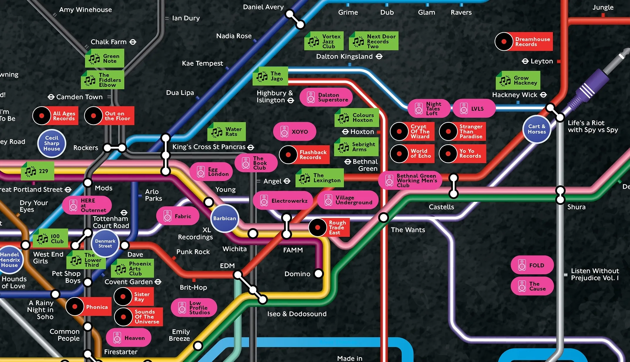 Close up of London’s grassroots tube map showing nightclubs as tube stops