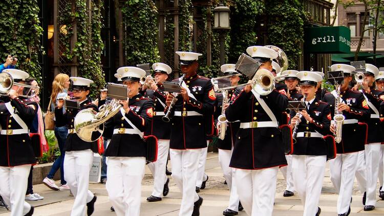 US Marines  Corps band during the demonstration for the public at Bryant Park for Marine Day during Fleet Week NY,