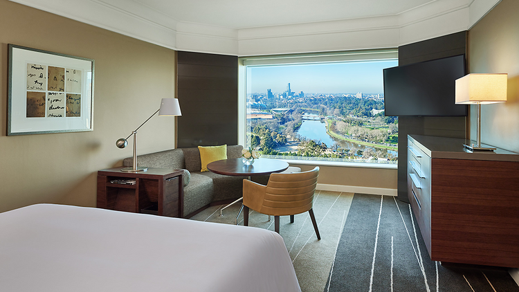 A bedroom at the Grand Hyatt Hotel.