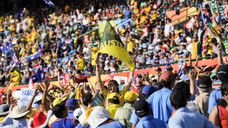 Fans enjoying the 2015 ICC Cricket World Cup Semi-final between Australia and India.
