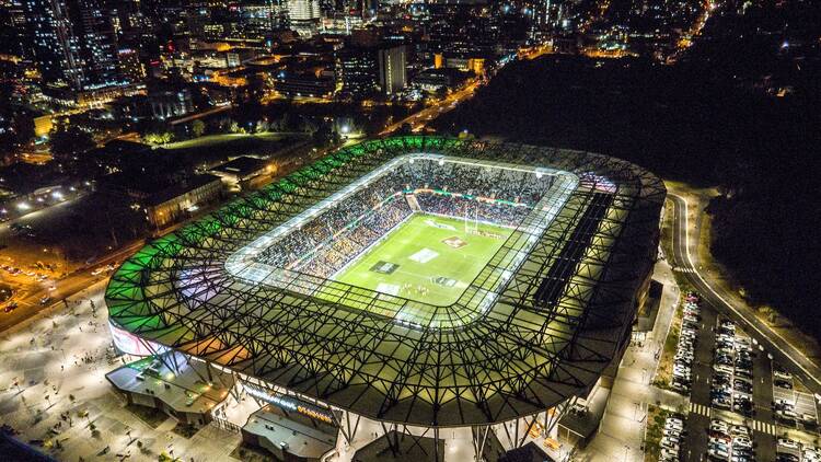 Aerial overlooking the Bankwest Stadium, Parramatta in Western Sydney.