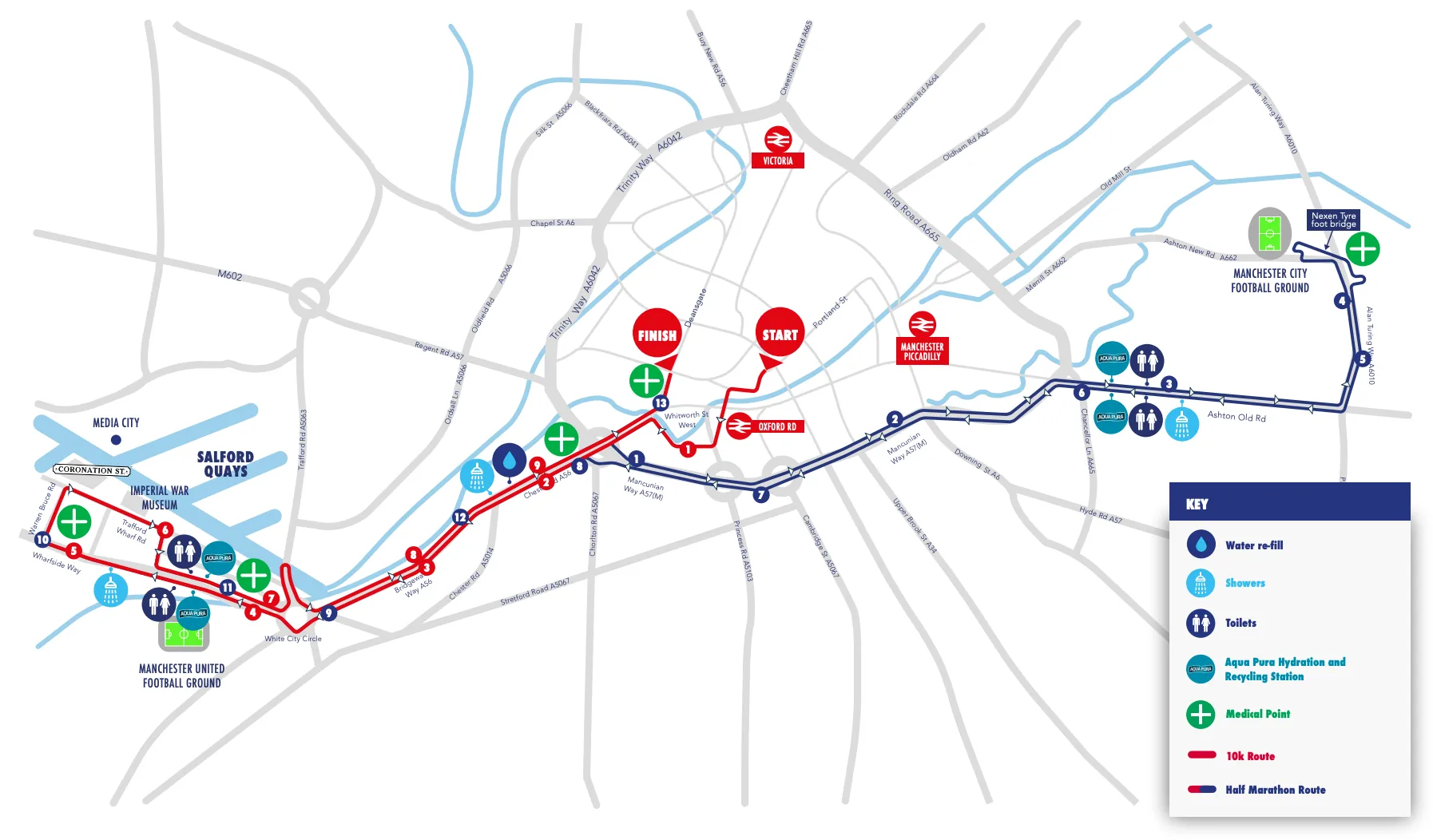 Route map for Great Manchester Run 10k and Half Marathon