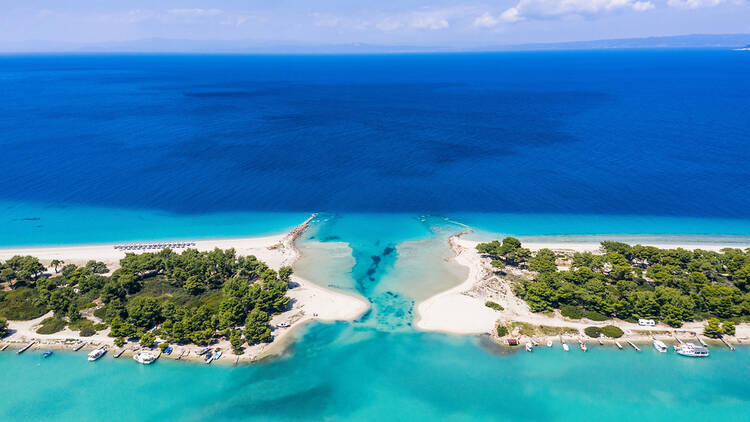 Port Glarokavos and lagoon beach in Kassandra penisula Chalkidiki Greece