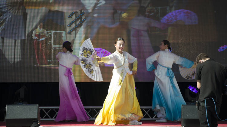 Traditional dancers at the Korea Festival in Fed Square.