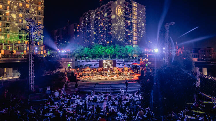 A band performs in California Plaza during Grand Performances.