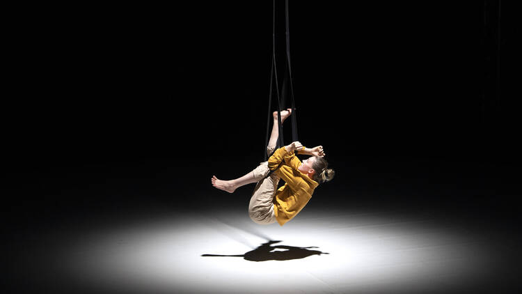 A solo circus performer hanging from a rope under a spotlight.