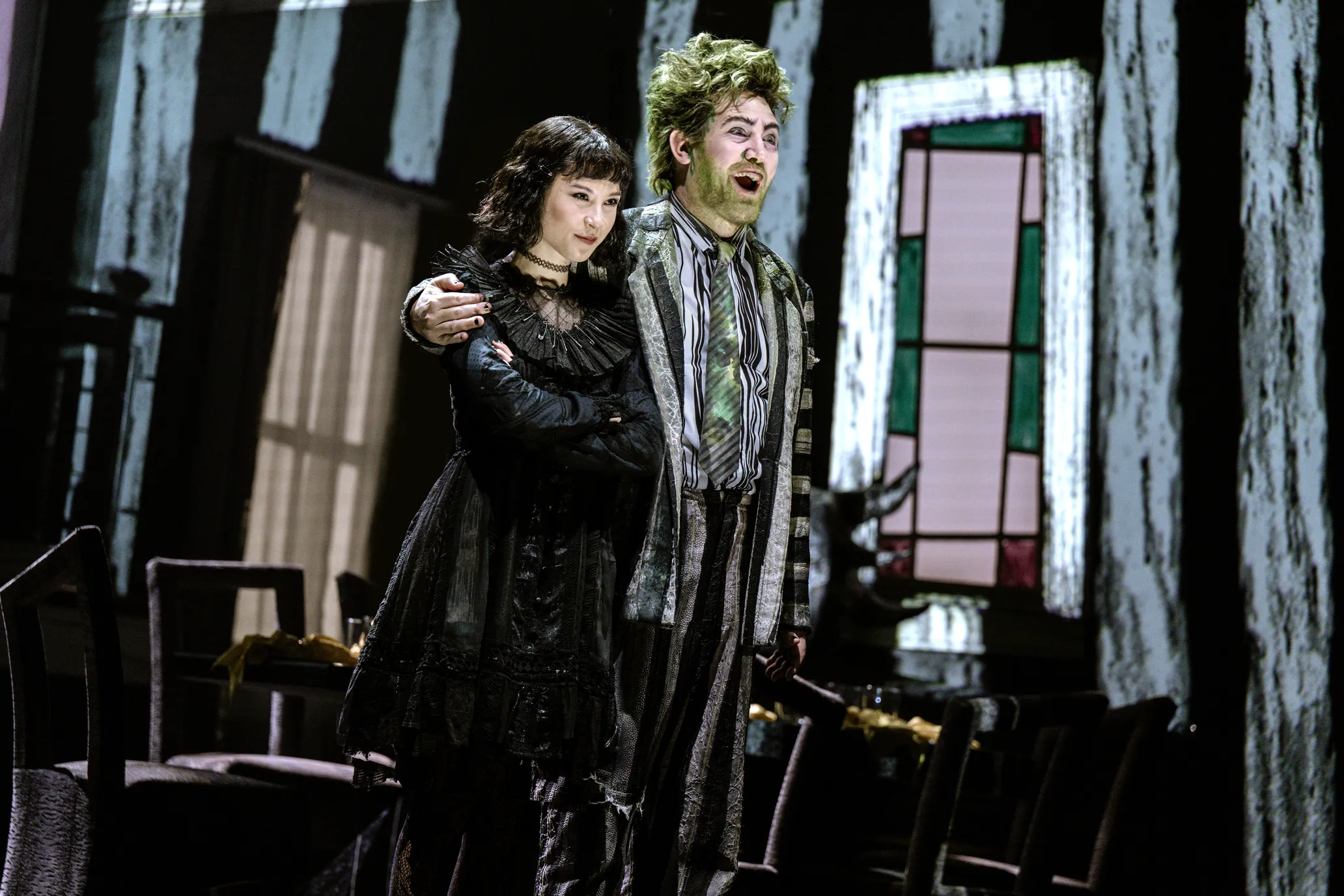 Karis Oka and Eddie Perfect in Beetlejuice the Musical.