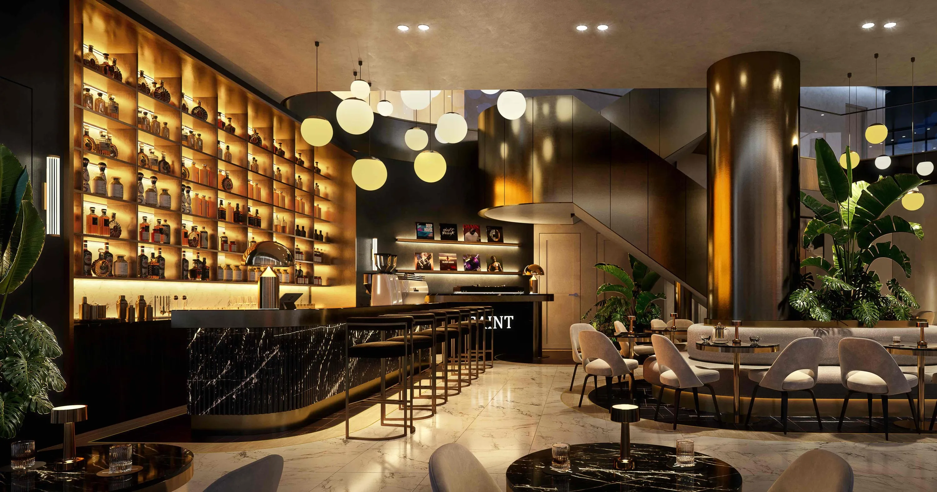 A bar with modern architecture and gold accents.