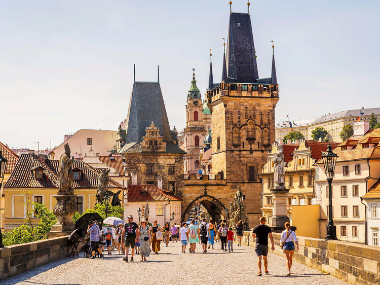 Tourists on the Charles Bridge in Prague, Czech Republic