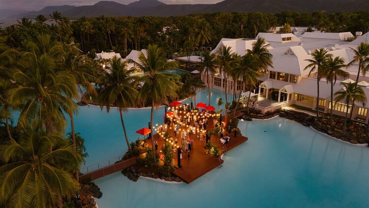 Aerial view of resort with cocktail party