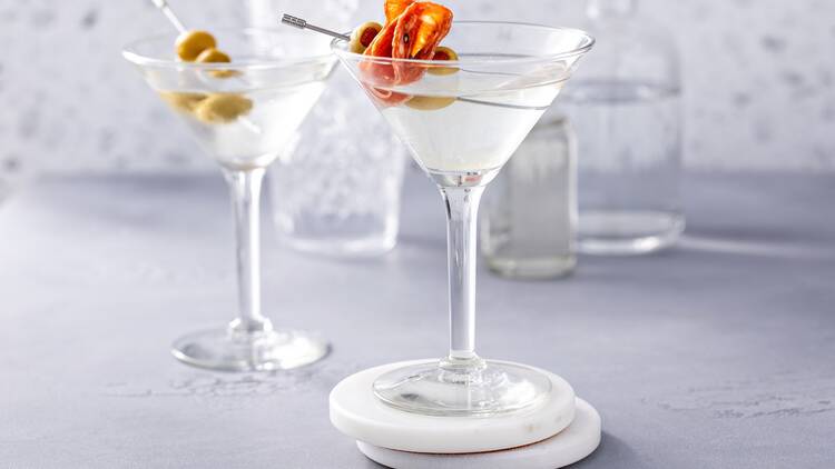 A martini with pepperoni garnish