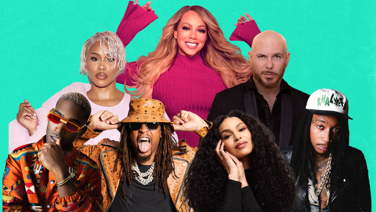 A collage of artists including Mariah Carey, Pitbull, Eve, Wiz Khalifa, Lil Jon, Tinie Tempah and Jordin Sparks.