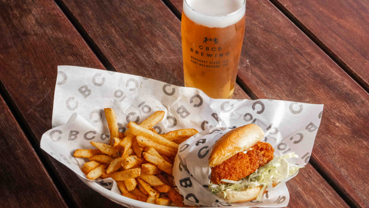 CBCo's Fillet-O-Shrimp burger with chips and a beer.