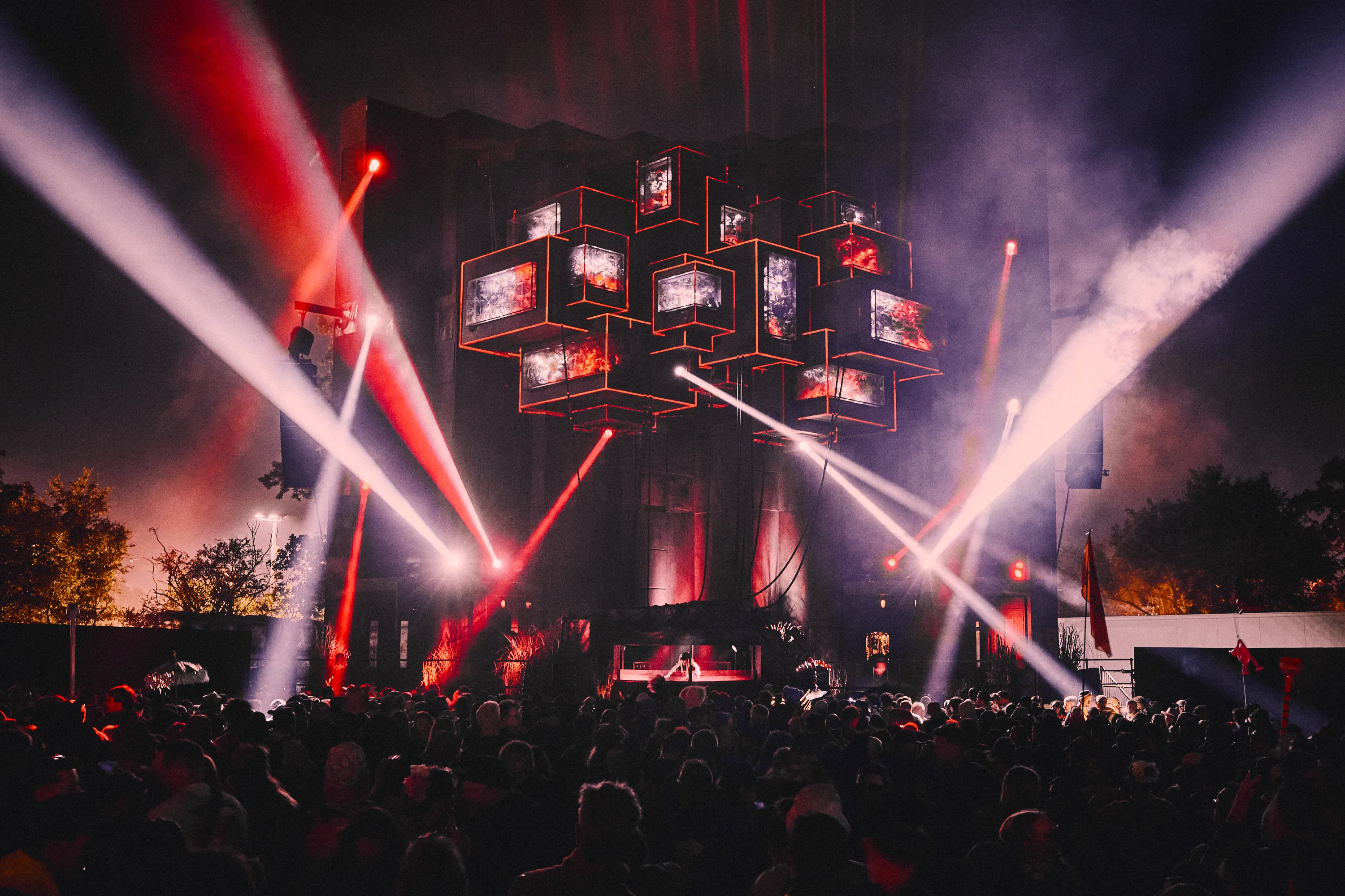 Block9 Glastonbury stage, red laser light display, Honey Dijon DJ set