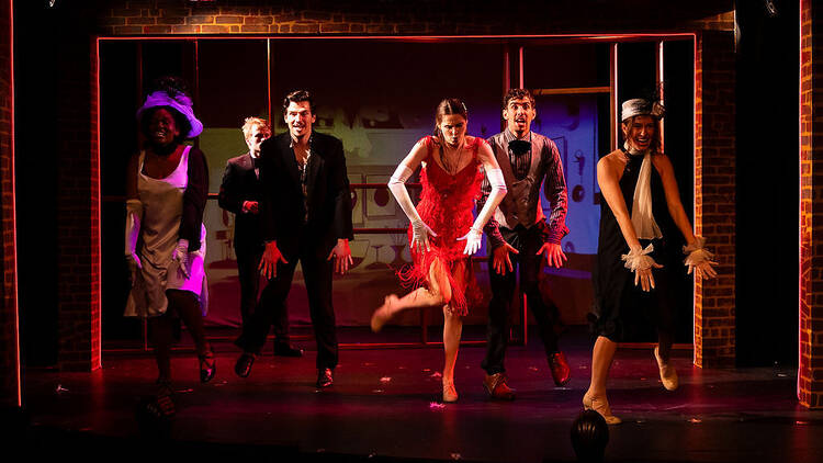 Maddie: A New Musical Logan Durrah Broadnax, Joe Lewis, Justin Burr, Kelly Maur, Jorge Valero and Alysia Vastardis dancing in Maddie: A New Musical