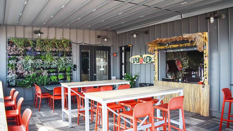 outdoor seating with a tropical vibe