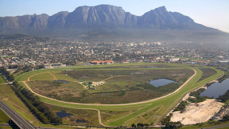 Kenilworth racetrack aerial photo with Table Mountain in background 1322503880