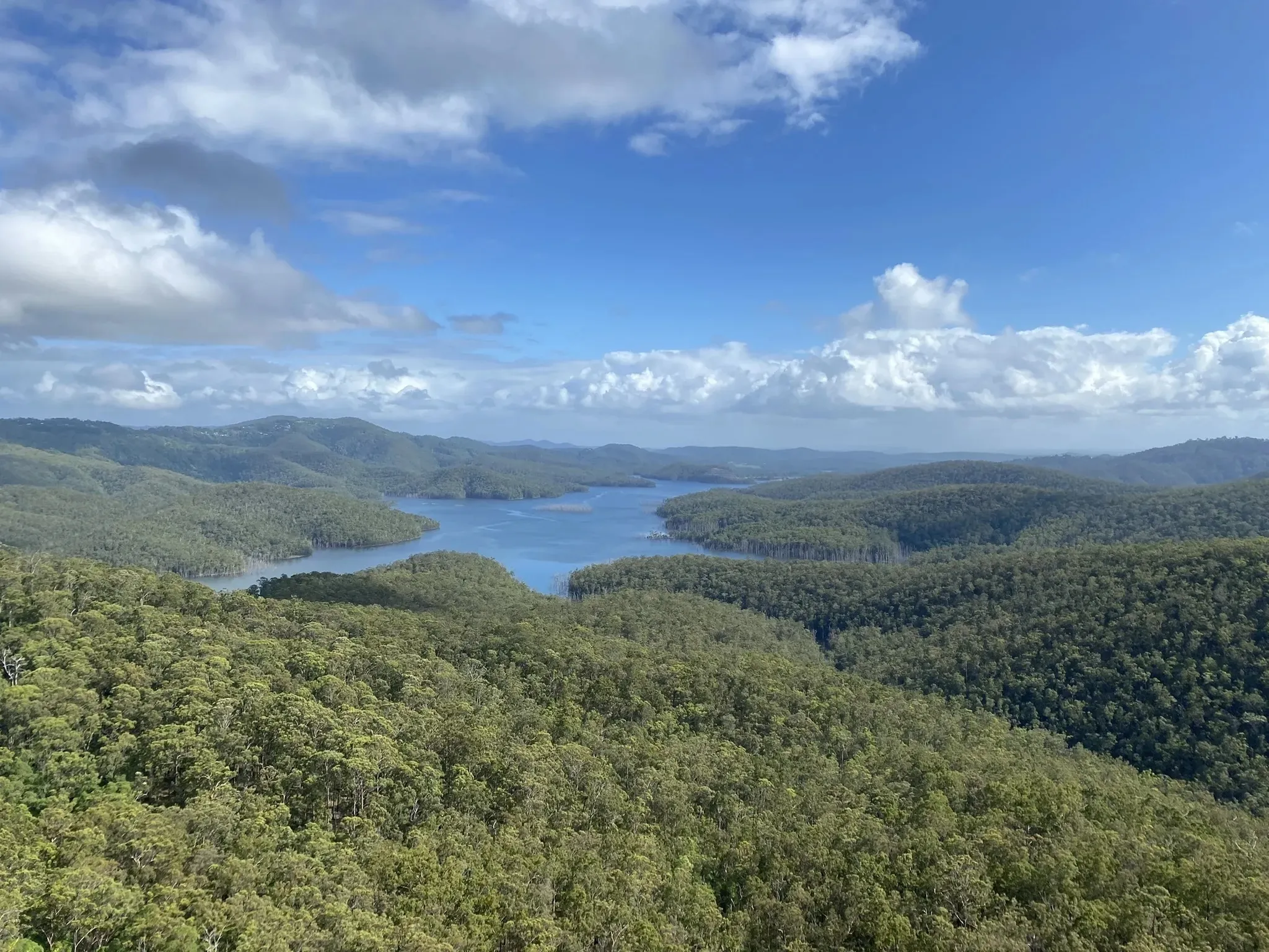 View of water and bushland from peak