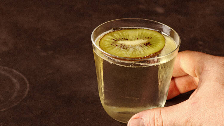 Cocktail garnished with a slice of kiwi fruit.