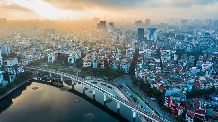 Aerial view of Hanoi city of Vietnam in the morning
