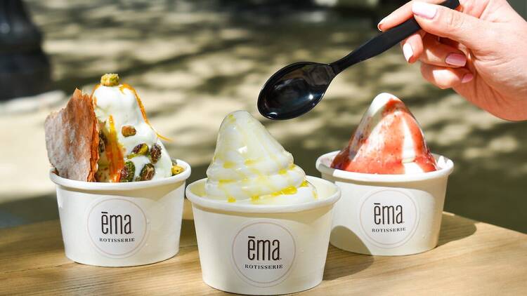 Frozen yogurt cups at Ēma Rotisserie