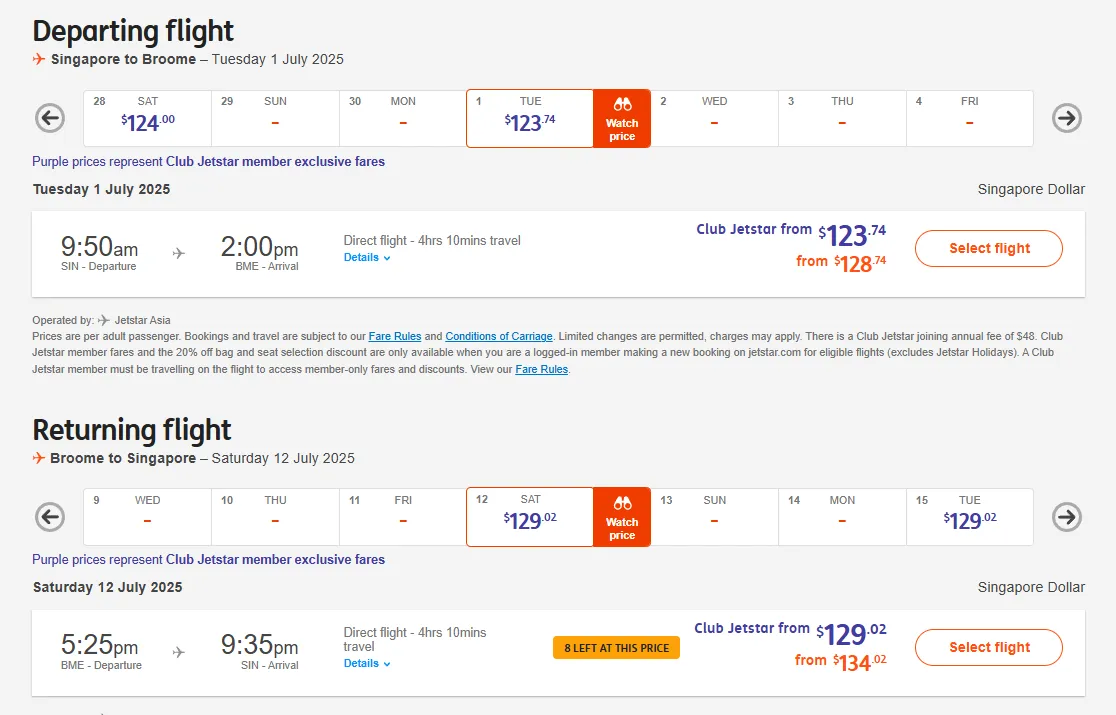 Singapore to Broome Australia Jetstar prices
