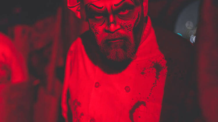 Queen Mary Dark Harbor the Chef A scare actor portrays a gory chef.