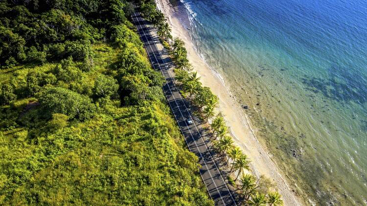 Aerial of car driving along GBR Drive - where the Daintree meets the reef