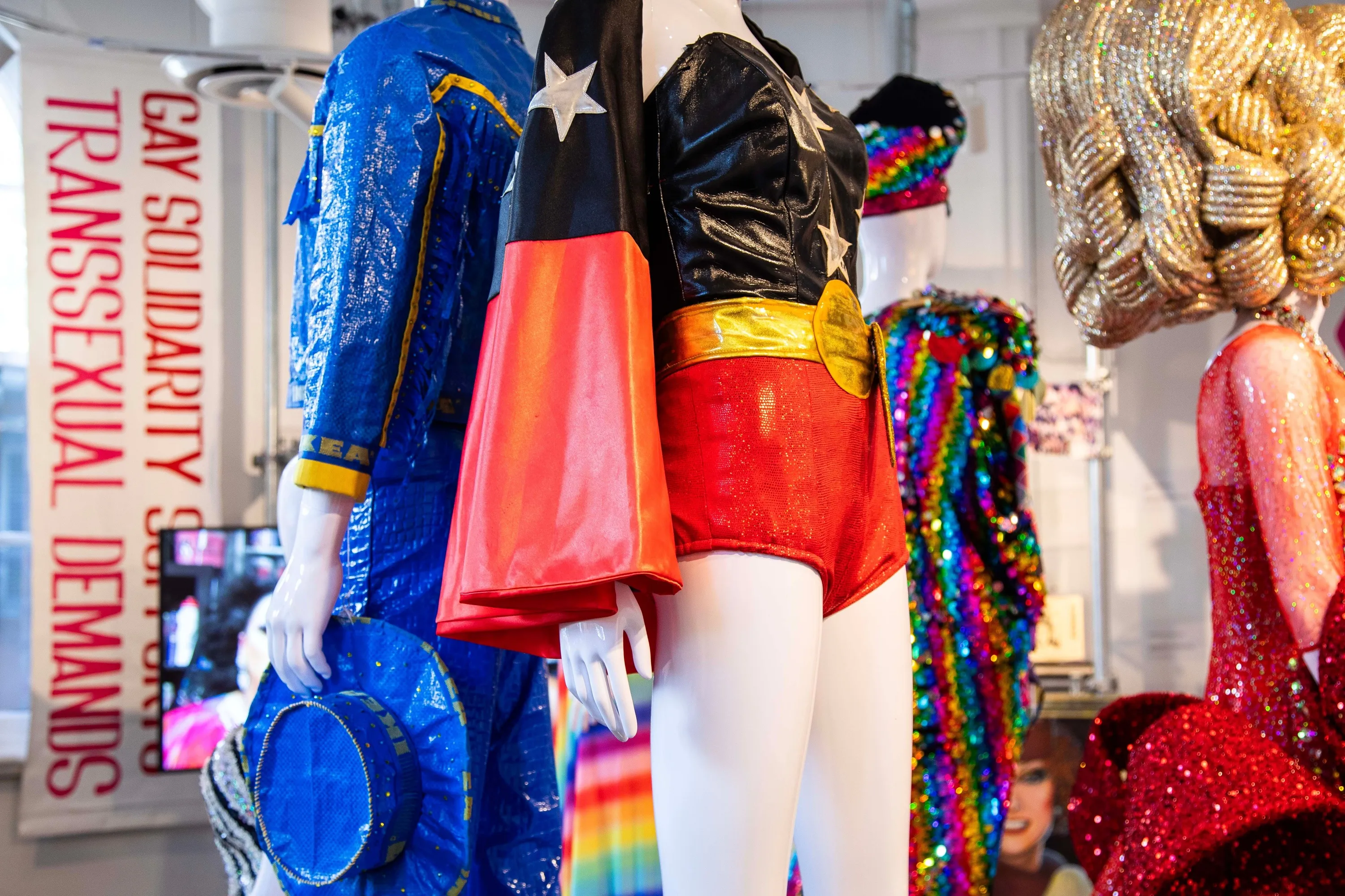 Rainbow costumes on mannequins