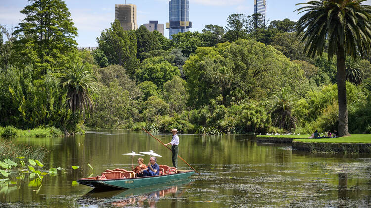 A punting boat on the Ornamental Lake in the Royal Botanic Gardens.