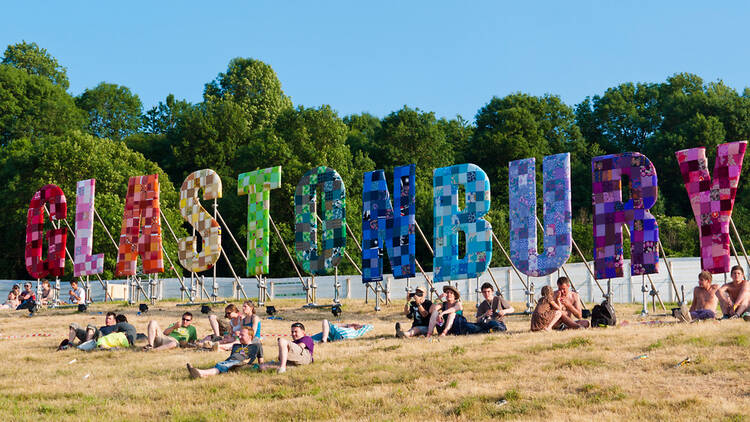 Glastonbury sign at music festival in England