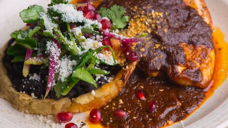 A plate of chicken mole with pomegranate seeds, cotijia cheese and herbs