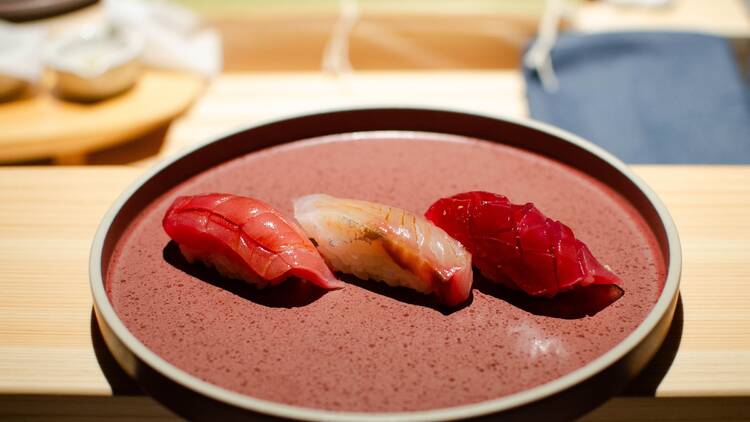 Three nigiri rolls at Sushi @ Temple Records in Boston