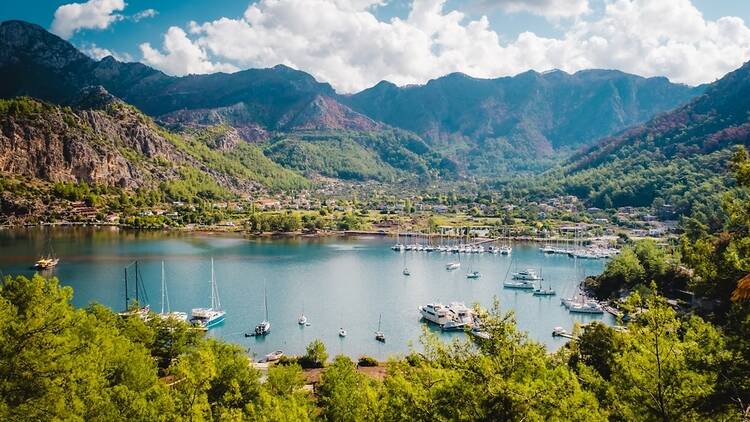 Orhaniye village bay and Kizkumu beach, on Bozburun peninsula near Marmaris resort town in Turkey