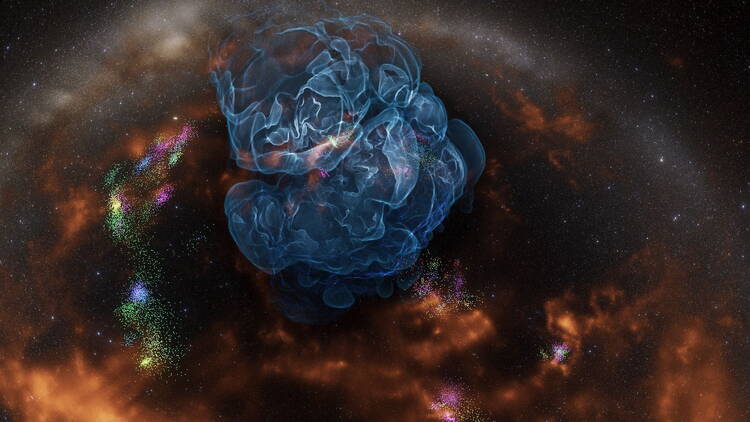 This visualization shows the “local bubble,” a clearing within dense clouds of gas and dust that our solar system entered about 5 million years ago, around the time that early human ancestors were beginning to walk upright.